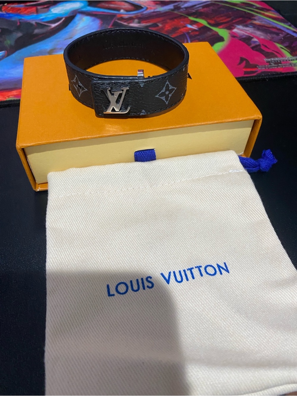 Louis Vuitton Black Monogram Leather Bracelet with Silver LV Charm
